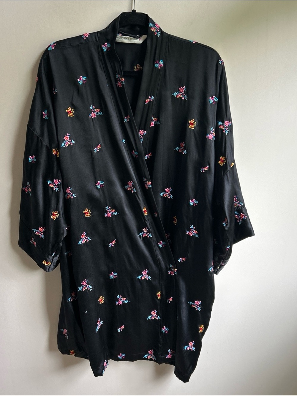 Victoria's Secret Black Silk Kimono Robe with Floral Butterfly Embroidery